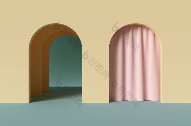3d 渲染,抽象简约几何背景,建筑概念,黄墙内拱,粉红色窗帘,纸层