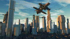 3D渲染。未来的城市和宇宙飞船