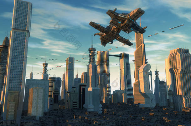 3D渲染。未来的城市和宇宙飞船