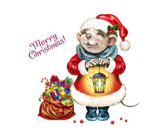 老鼠装扮成圣诞老人的插图，带着一袋礼物和灯，象征着新年，白色背景上的孤立人物