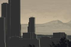 2d 插图。摩天大楼未来城市大都市。数字艺术。手工数码绘画.