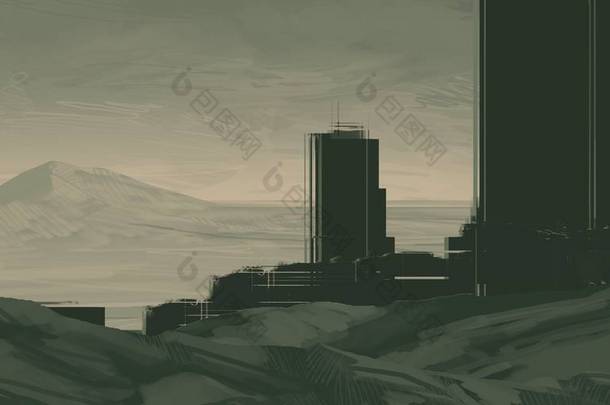 2d 插图。摩天大楼未来城市大都市。数字艺术。手工数码绘画.