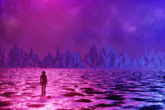 一个人，一个宇航员站在一个外星星球的表面。在梦幻般的风景背景下剪影。3d 渲染.