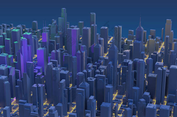 城市3d 渲染。科技超大城市摩天大楼