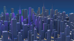 市中心的摩天大楼。城市与辉光线道路和数字元素。3d 渲染