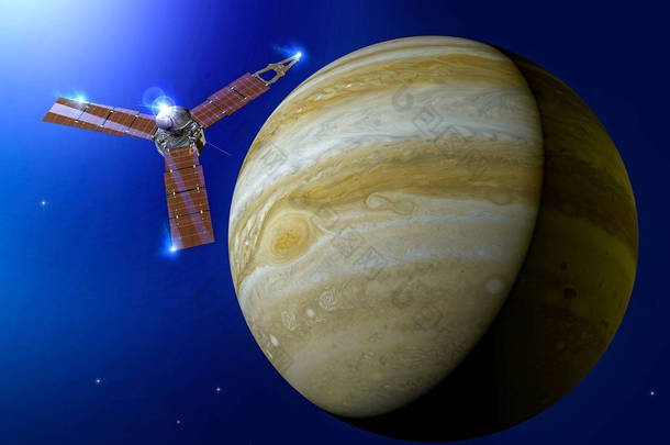 木星和朱诺的视图，美国宇航局环绕这颗行星的空间探测器。它是太阳系中最大的行星。这张图片的元素是由美国宇航局提供的。3d 渲染
