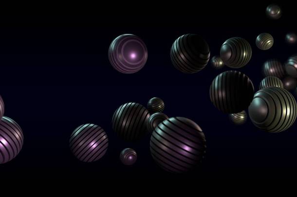 3d 插图各种大小不同尺寸的圆形平面元素，由紫色和金色的不同光源照亮。圣诞歌曲的3d渲染