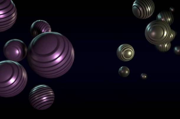 3d 插图各种大小不同尺寸的圆形平面元素，由紫色和金色的不同光源照亮。圣诞歌曲的3d渲染