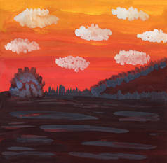 景观水沟画素描插图山背景黄橙红天空白云棕色山湖抽象