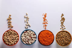 红色和棕色扁豆、鹰嘴豆和白豆是含有大量蛋白质的豆类，位于碗中的白色背景上，水平方向