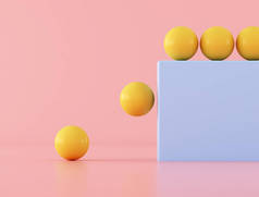 黄色球从蓝色矩形下降在粉红色的背景，最小风格。3d 渲染