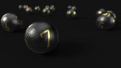 碳纤维彩票球与黄金数字。3d 插图