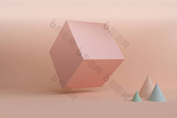 几何形状场景 最小样式，3D 渲染.