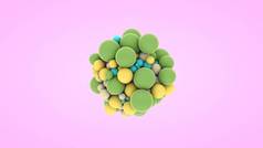 3D渲染许多不同颜色和尺寸的小球。 抽象构图，快乐与快乐的概念，完美互动中的几何形状。 快乐的分子.