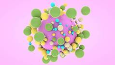 三维渲染一个大的紫色球体和许多小的彩色球周围。 理想几何构图的形象,幸福的分子结构. 摘要、未来主义设计.