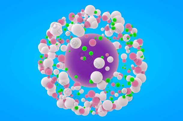 三维渲染许多球，围绕着一个大球的小球。 摘要设计,未来主义分子背景,圆形物体,蓝色背景. 桌面上屏幕保护程序的图像