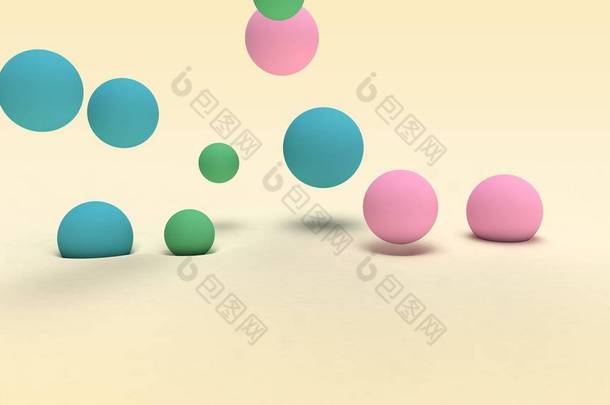 三维渲染许多不同尺寸的彩球在米色表面和半面上方的空间。 摘要背景、面向未来的设计、桌面图像、抽象构图.