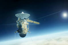 带有天线盘的空间卫星。 这张照片是由美国国家航空航天局提供的.