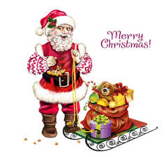 圣诞老人，雪橇和礼物袋，圣诞快乐贺卡，白色背景上孤立的人物