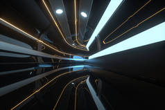 黑暗隧道，末端有光，3D渲染.