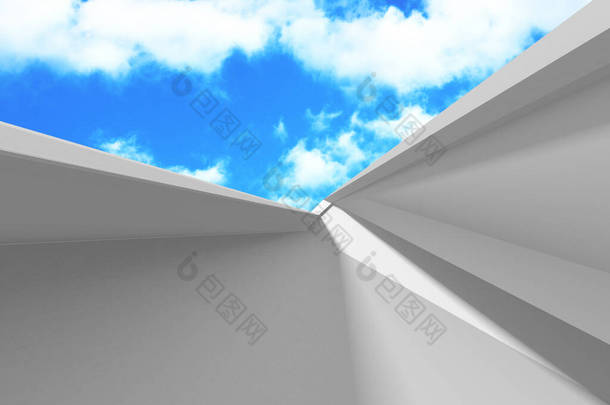 多云天空背景下的未来派白色建筑设计