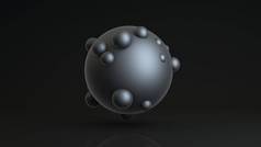 三维渲染一个大球体，许多小球体沉浸在一个大球体的表面。 在暗反射背景上的球面图像. 关于未来主义构图的想法.