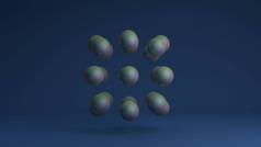 一组蓝色背景的汽球按严格的几何顺序排列的3D图像。 晶体原子晶格的概念. 3D抽象背景绘制.