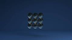 一组蓝色背景的玻璃球以严格的几何序列排列的3D图像。 晶体原子晶格的概念. 3D抽象背景绘制.