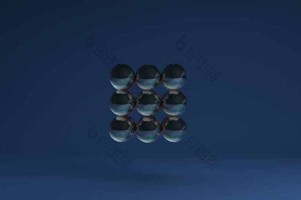 一组蓝色背景的玻璃球以严格的几何序列排列的3D图像。 晶体原子晶格的概念. 3D抽象背景绘制.