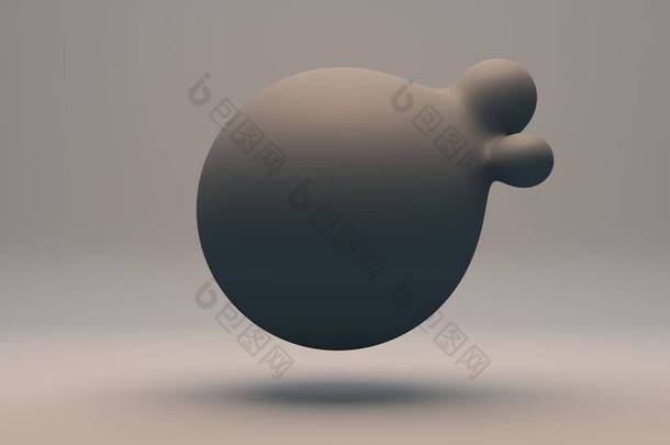 灰色液体物质的三维渲染。 这个大球体与小球体<strong>合并</strong>在一起. 在黑暗的反光背景下的未来主义设计的组成。 桌面背景图像的概念.