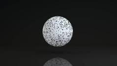 一个巨大的白色球体在黑色反光背景上的3D图像。 球体的白色表面被许多小的黑点所覆盖。 抽象设计构图的3D渲染。