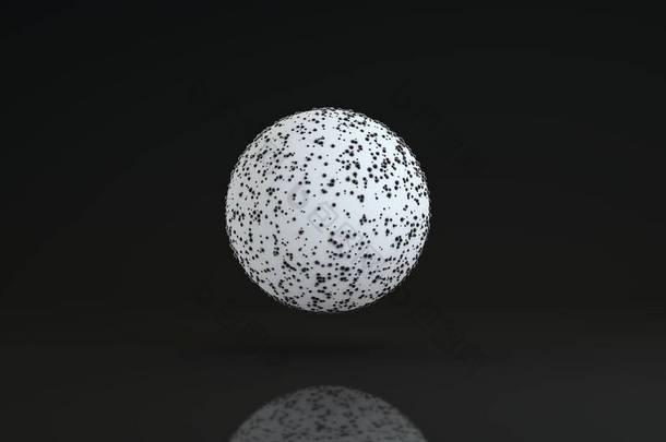 一个巨大的<strong>白色</strong>球体在<strong>黑色</strong>反光背景上的3D图像。 球体的<strong>白色</strong>表面被许<strong>多</strong>小的黑点所覆盖。 抽象设计构图的3D渲染。