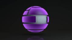 三维渲染一个由许多部分组成的大紫色球体。 在发光的球体内部是一个带有波纹表面的金属球，一种液体。 未来主义设计的要素，几何抽象.