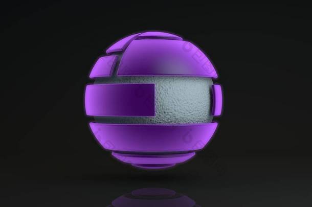 三维渲染一个由许多部分组成的大紫色球体。 在发光的球体内部是一个带有波纹表面的金属球，一种液体。 未来主义设计的要素，几何抽象.