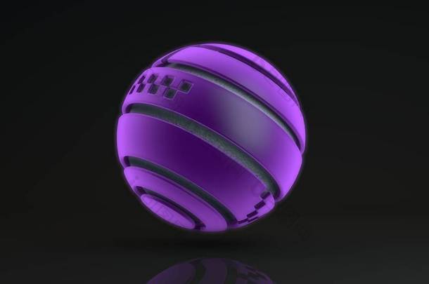 三维渲染一个由许多部分组成的大紫色<strong>球体</strong>。 在发光的<strong>球体</strong>内部是一个带有波纹表面的金属球，一种液体。 未来主义设计的要素，几何<strong>抽象</strong>.