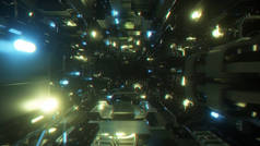 飞入宇宙飞船隧道，科幻宇宙飞船走廊。 未来技术抽象无缝Vj为技术名称和背景。 运动图形为互联网，速度。 3d说明
