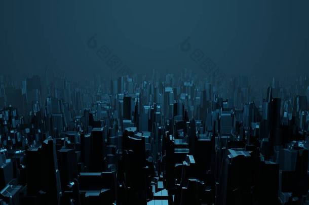 科幻夜景奇幻空旷的城市浅蓝色霓虹灯闪耀的顶部风景。 超现实的外星建筑概念。 3d渲染