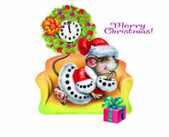 身穿圣诞老人服装的鼠标在沙发上等待午夜，圣诞快乐贺卡，白色背景上的新年人物