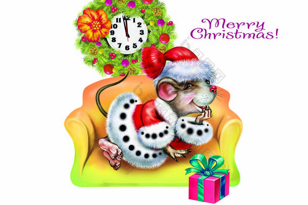 身穿圣诞老人服装的鼠标在沙发上等待午夜，圣诞快乐贺卡，白色背景上的新年人物