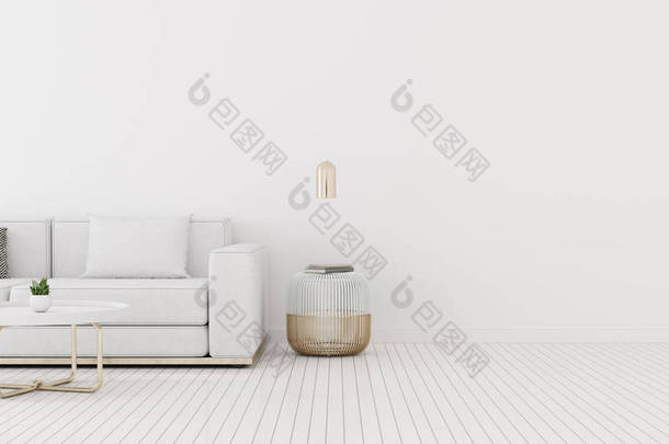 白色的墙壁和明亮的层压板地板上有沙发和<strong>圆形</strong>侧桌的客厅空间景观。金<strong>灯</strong>的简约室内设计视角。 3d渲染.