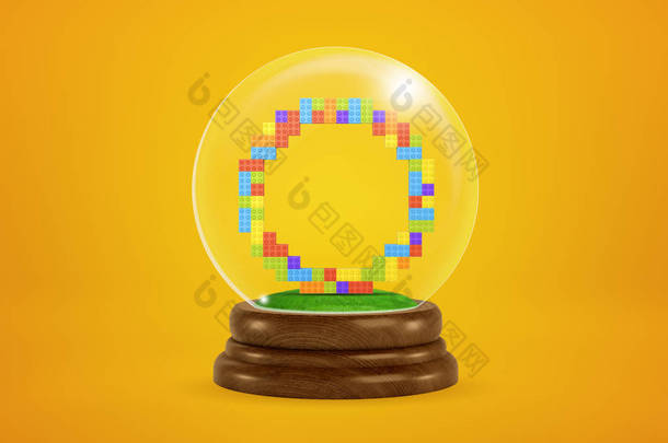 带彩色玩具块的<strong>玻璃</strong>球球体<strong>三维</strong>渲染，在琥珀色背景下形成圆形.