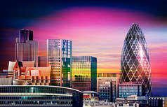 日落时伦敦城市景观的粉红抽象图解
