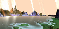 外星行星山和湖。3d 渲染 