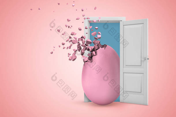 三维渲染一个白色<strong>的开着的门</strong>，粉红色<strong>的</strong>蛋在浅粉色<strong>的</strong>背景上破碎成碎片