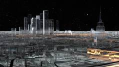 3D年的玻璃城市，道路明亮。 星空