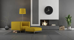 带有壁炉的灰色和黄色现代客厅