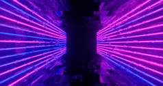 3D渲染。霓虹灯在黑暗隧道中的几何形状.激光线发光。霓虹灯背景