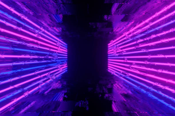 3D渲染。霓虹灯在黑暗隧道中的几何形状.激光线发光。霓虹灯背景