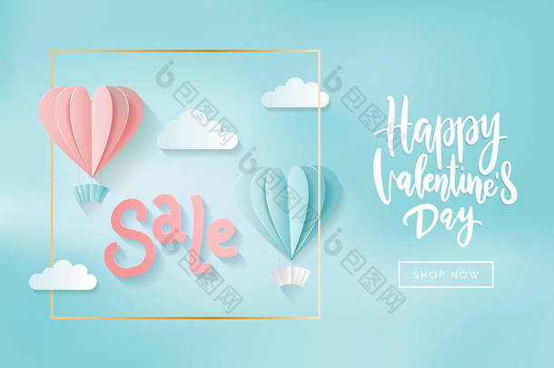 Valentines day <strong>sale</strong> web banner of gentle pink and blue heart hot air balloons on blue sky shine back