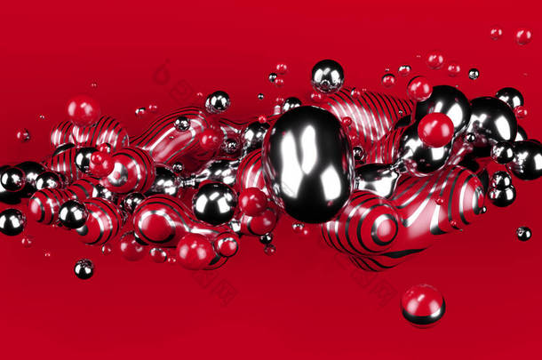 铬金属球，红球抽象。 红色衬垫背景。 超级球。 <strong>演播室</strong>光。 3D例证。 3D渲染.